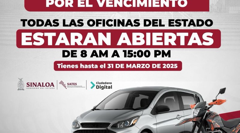 ¡No dejes pasar la oportunidad! El día lunes 17 de marzo estarán abiertas todas las oficinas de recaudación del estado de Sinaloa